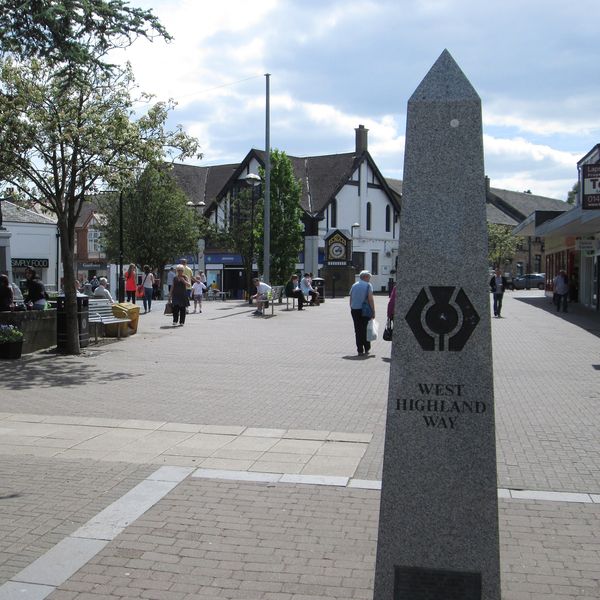 The granite obelisk marking the start of the West Highland Way in Milngavie’s pedestrian precinct